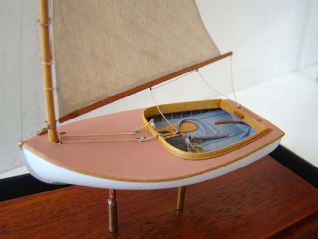 A 1:48 scale model of a circa 1921 Beetle Catboat made by Thomas Lauria